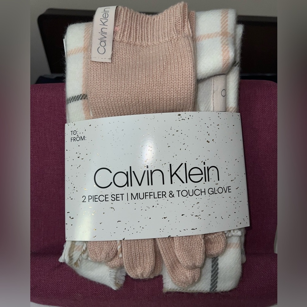 Calvin Klein Women’s Muffler & Touch Glove Set in Pink, White & Grey